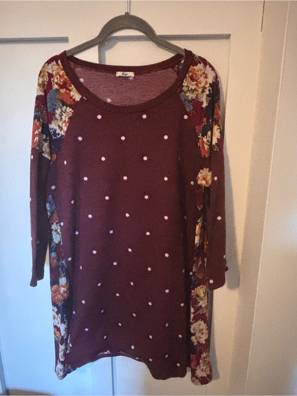 Egs 1XL Burgundy Floral Polka Dot Tunic Top Long Sleeve Boho
